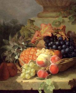 Peaches, Grapes And A Pineapple In A Basket, On A Stone Ledge