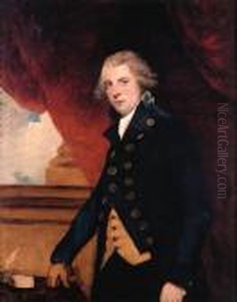Portrait Of Richard Brinsley 
Sheridan, Three-quarter-length, In Ablue Coat And Yellow Waistcoat, 
Against A Red Curtain - view 1