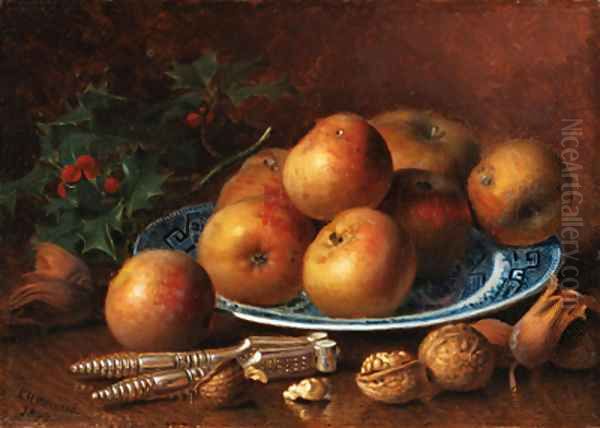 Apples on a willow-pattern plate, holly, walnuts, hazlenuts and a nutcracker - view 1