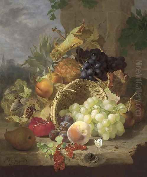 Apples, a pineapple and black grapes in a basket, beside an upturned basket with a pear, plums, redcurrants, a peach, white grapes - view 1