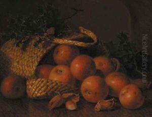 Cobnuts, holly and apples in a wicker basket, on a wooden ledge by Eloise Harriet Stannard