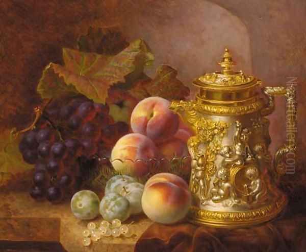 Black grapes, peaches, greengages and whitecurrants beside an ornamental gilded tankard with bacchanalian decoration - view 1