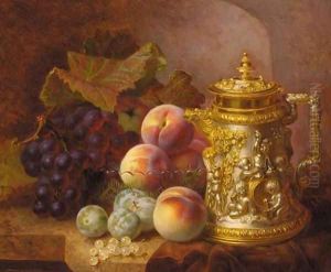 Black grapes, peaches, greengages and whitecurrants beside an ornamental gilded tankard with bacchanalian decoration by Eloise Harriet Stannard