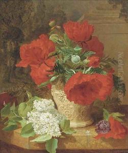 Poppies in a vase, with white lilac on a marble ledge by Eloise Harriet Stannard