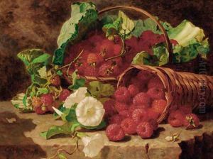 Raspberries in wicker baskets and nasturtiums on a stone ledge