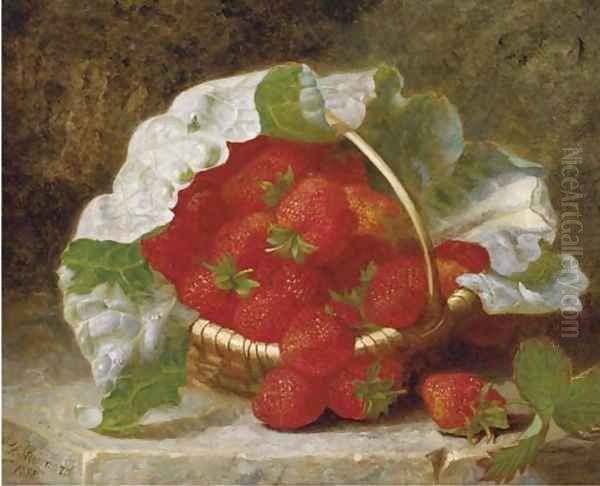 Strawberries and cabbage leaf in a wicker basket - view 1
