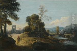 A Lacustrine Landscape With A Herder And His Animals Resting By The Water, A Town Beyond