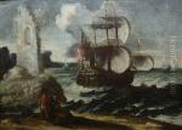 Veduta Costiera Con Ruderi, Figure E Caravella. - view 1