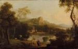 Paesaggio Pedemontano Con Laghetto E Viandanti