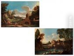 Landschaft Mit Bogenbrucke, Erhoht Stehender Burg Undfigurenstaffage by Marco Ricci
