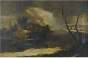 An Extensive Winter Landscape 
With A Frozen River, A Town In Theright Distance, Workers Repairing A 
Watermill And Travellers Alonga Path In The Foreground