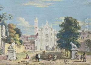 View Of A Gothic Church With Figures In Procession Outside Thedoor
