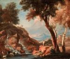Pastoralt Landskap Med Figurer Och Boskap by Marco Ricci