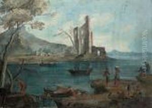 A River Landscape With Fishermen Pulling In Their Nets