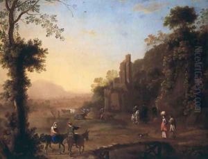 Landscape with ruins and passersby by Herman Van Swanevelt