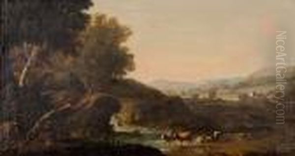 Ideallandschaft Mit Holzfaller, Wasserfall Und Vieh Vor
Angrenzendem Gehoft - view 1