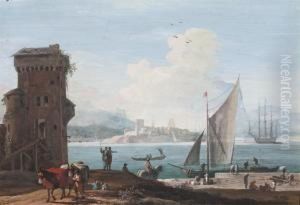 An Extensive View Of A Port With Sailors Unloading Cargo On A Quay by Marco Ricci