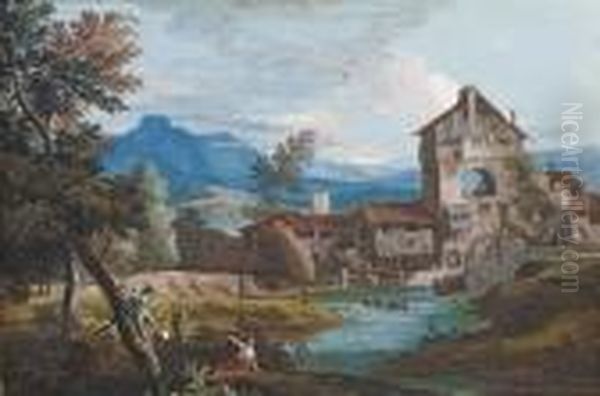 A Watermill In An Extensive
Mountainous Landscape, With Peasants Climbing Trees In The Foreground - view 1