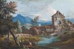 A Watermill In An Extensive 
Mountainous Landscape, With Peasants Climbing Trees In The Foreground