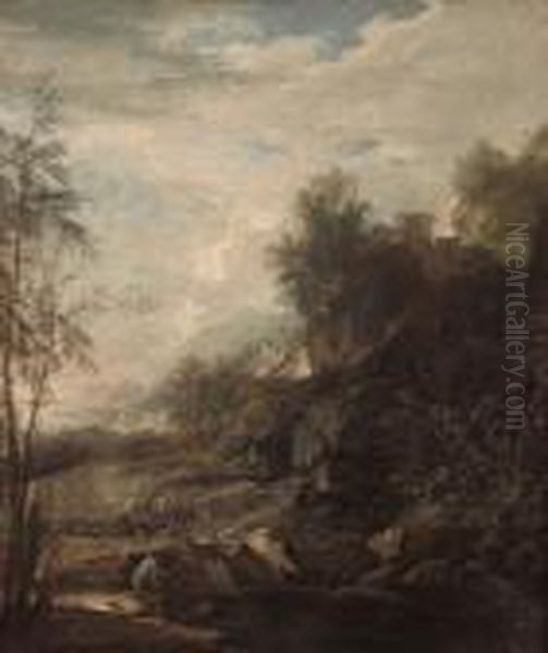 An Extensive Rocky River Landscape With Figures On A Bank - view 1