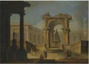 An Architectural Capriccio With Figures Amongst Classical Ruins by Marco Ricci