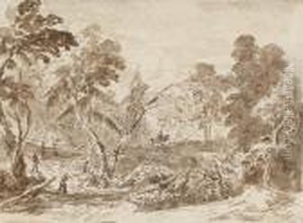 A Horseman And Other Figures In A Wooded Landscape - view 1