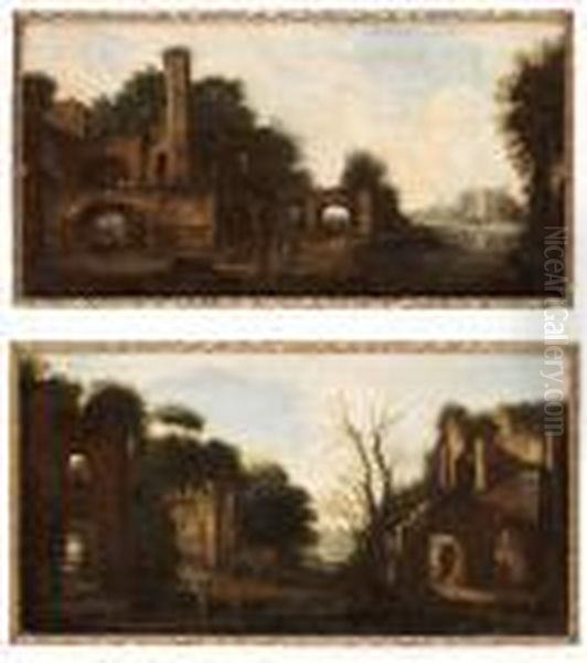 Klassiskt Ruinlandskap Med Figurstaffage - view 1