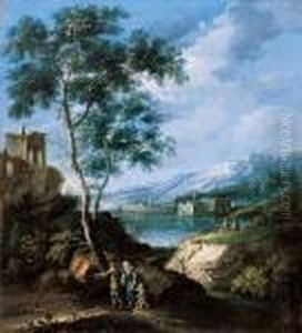 Norditalienische Landschaft Mit See Und Figuren