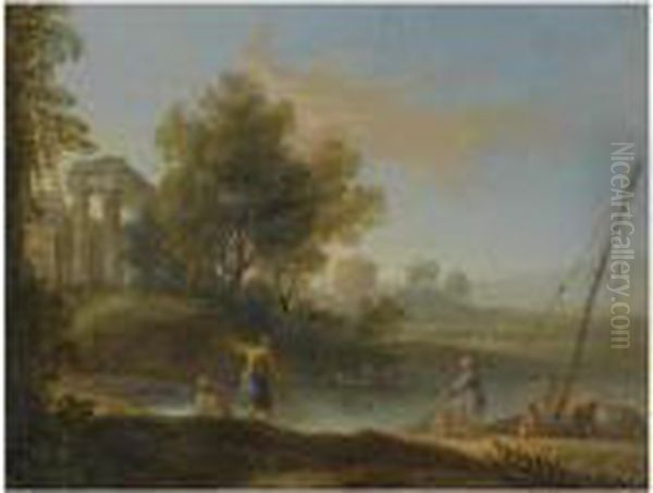 A Fluvial Landscape With Fishermen Unloading Their Nets, Classicalruins Beyond - view 1