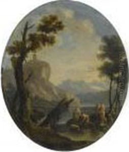 A Craggy River Landscape With The Finding Of Moses In Theforeground by Marco Ricci