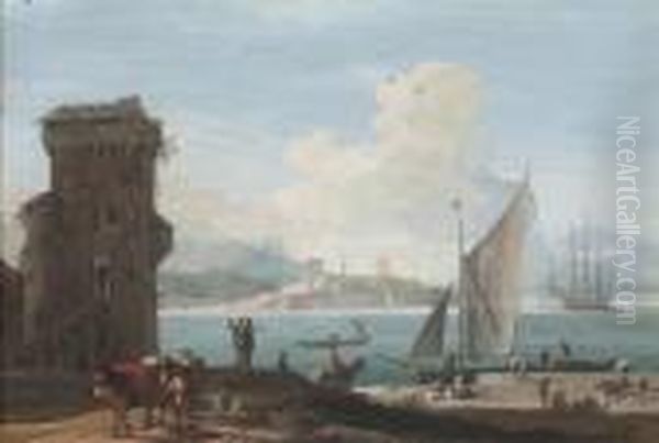 An Extensive View Of A Port With
Sailors Unloading Cargo Onto Aquayside, A Peasant With Two Packhorses
To The Left - view 1