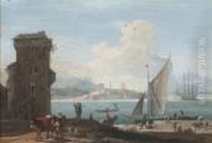 An Extensive View Of A Port With
 Sailors Unloading Cargo Onto Aquayside, A Peasant With Two Packhorses 
To The Left