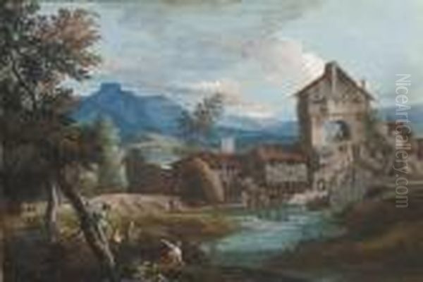 A Watermill In An Extensive
Mountainous Landscape, With Peasantsclimbing Trees In The Foreground - view 1