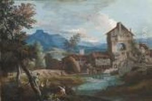 A Watermill In An Extensive 
Mountainous Landscape, With Peasantsclimbing Trees In The Foreground