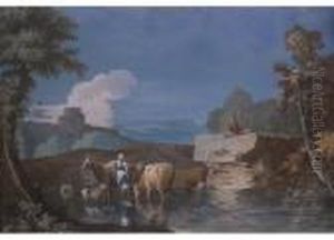 Flusslandschaft Mit Hirten, Mit Ihren Tieren An Der Tranke Und Einer Burgruine