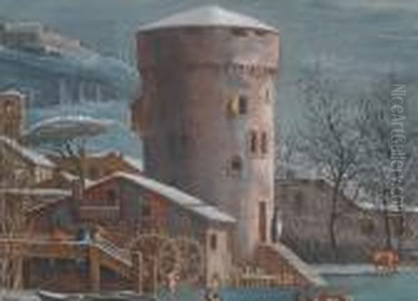Winterliche Flusslandschaft Mit Turm Und Stadt In Der Ferne - view 1