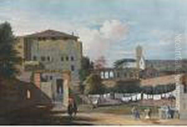 View Of An Italian Courtyard, 
With An Elegant Rider, And Women Hanging Washing By A Fountain - view 1