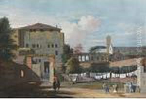 View Of An Italian Courtyard, 
With An Elegant Rider, And Women Hanging Washing By A Fountain