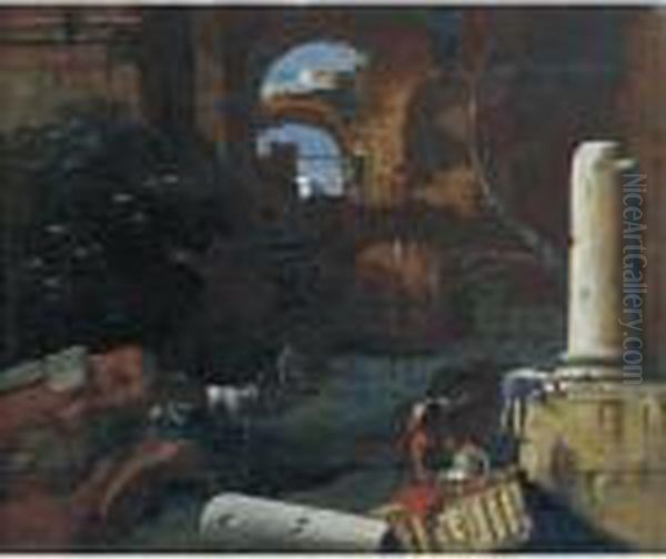 An Architectural Capriccio With Soldiers, A Shepherd And Goats, Resting In Roman Ruins - view 1