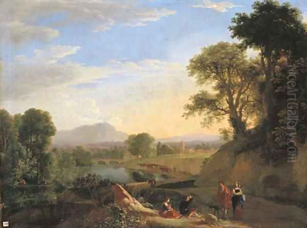 An Italianate river landscape with travellers conversing on a path and peasants fishing from a boat beyond - view 1