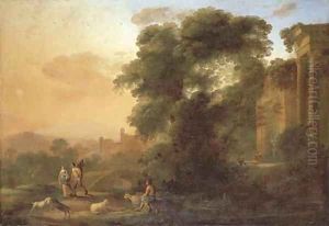 An Italianate landscape with a couple on a path by a river, a shepherd resting with his flock and men collecting water by classical ruins