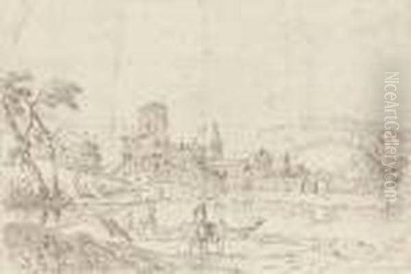 A Town By A River With Fishermen And Boatmen - view 1
