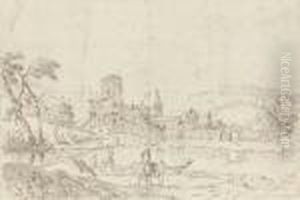 A Town By A River With Fishermen And Boatmen