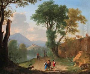 An Italianate landscape with travellers and peasants on a path by a river by Herman Van Swanevelt