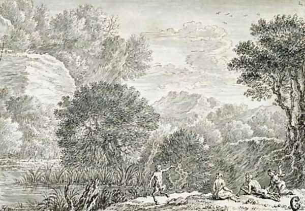 A rocky wooded landscape with satyrs - view 1