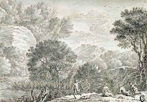 A rocky wooded landscape with satyrs