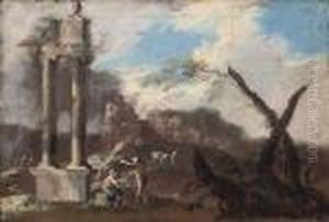 A Landscape With Classical Ruins And Travellers Conversing by Marco Ricci