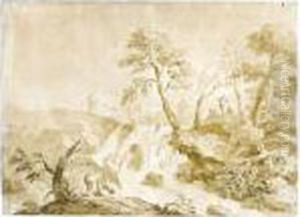 Landscape With A Waterfall 
Peasants On The Banks And Buildings In The 
Distance by Marco Ricci