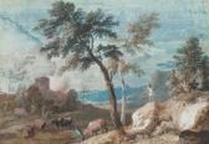 A Drover And His Cattle In An Italianate Landscape With A Castle In The Distance
