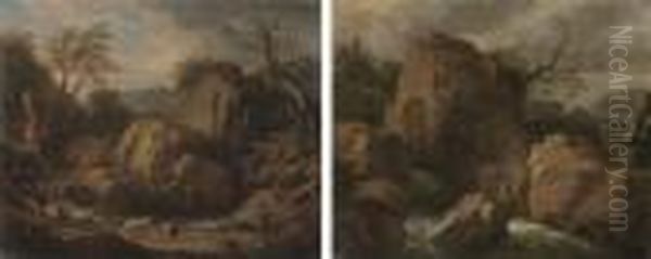 A Rocky Landscape With A
Shepherd And His Flock By A Stream; And Arocky River Landscape With A
Cottage In The Distance - view 1